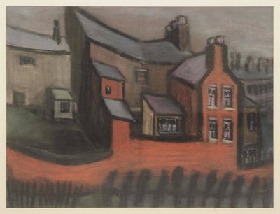 Lot 802 - Theodore Major (1908-1999) Street scene with terraced houses, a wooden fence in the foreground...