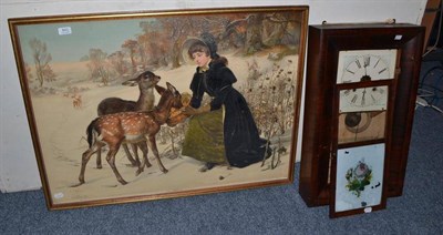 Lot 843 - Framed coloured print 'The Orphagus' and a wall clock (2)