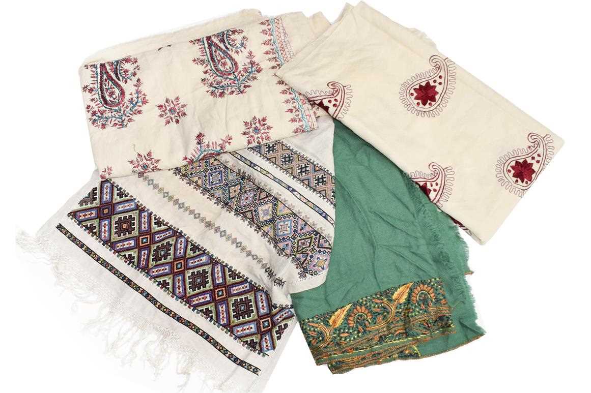 Lot 1021 - A large silk paisley shawl, a green wool shawl...