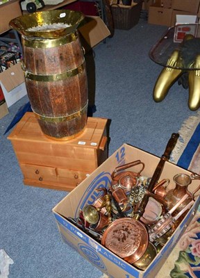 Lot 853 - Quantity of smalls, copper, etc in one box and a coopered stick stand and small sewing chest