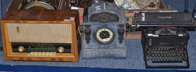 Lot 859 - Victorian black slate mantel clock, Imperial 58 typewriter and a walnut radio (3)