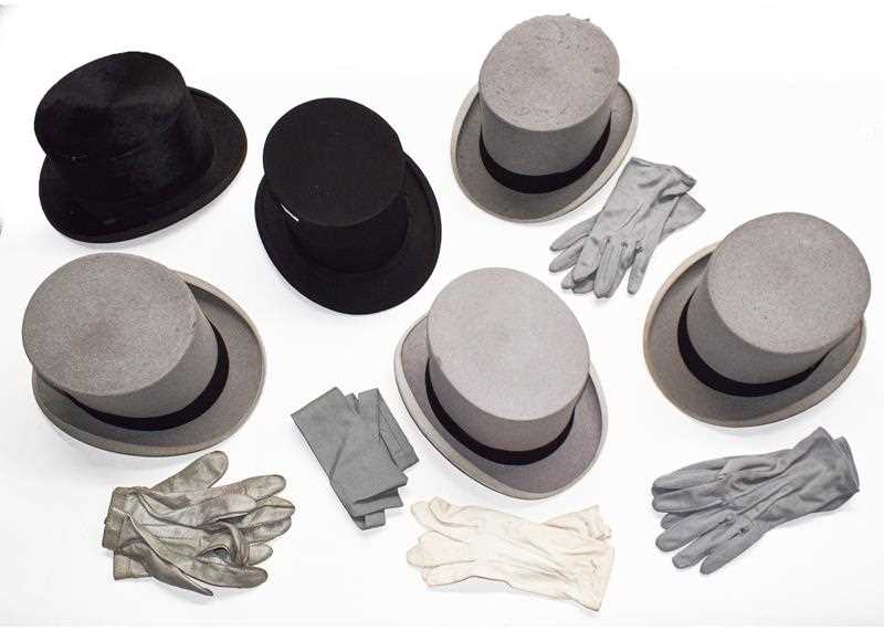 Lot 1004 - Harrods black silk top hat, Dulcis Make black...