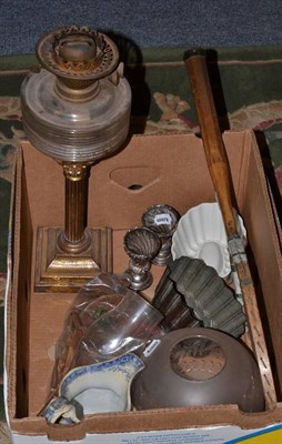 Lot 865 - Corinthian column oil lamp, quantity of sundry and an old tennis racket