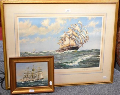 Lot 868 - After Montague Dawson ";A Following Wind";, signed in pencil, a colour reproduction, together...