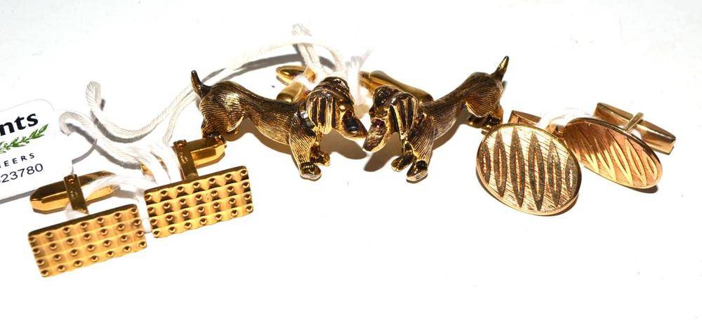 Lot 107 - A pair of gilt metal dachshund cuff-links; two pairs of gilt metal cuff-links