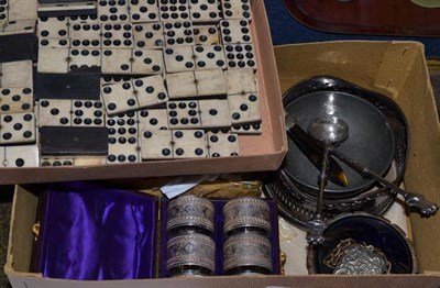 Lot 148A - Dolls tea set in original box, set of bone and ebony double nine dominoes, cased napkin rings,...