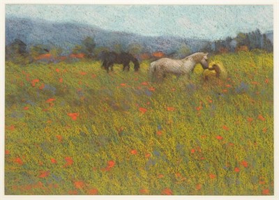 Lot 807 - John Mackie (b.1955)   "The Gentle Touch, Argeles "  Horses and foal in a poppy meadow Argeles-...