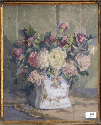 Lot 808 - Follower of Dorothea Sharp (20th century) Still life of flowers in a painted vase Oil on board,...