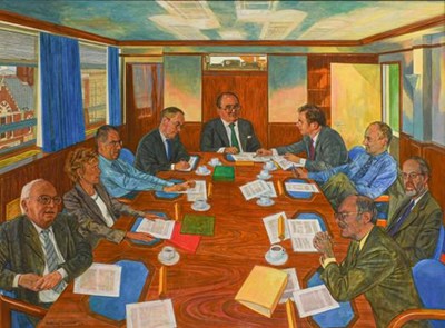 Lot 1184 - Anthony Oakshette, The Board Meeting, oil on...