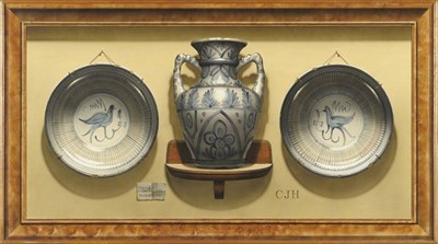 Lot 809 - Christopher John Harrison RA (b.1945)  "Trompe L'Oeil depicting Tin Glaze Traditional Spanish...