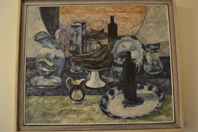 Lot 811 - Peter John Morrell (b.1931) "Black Bananas and Blue China " Signed, inscribed verso, oil on...