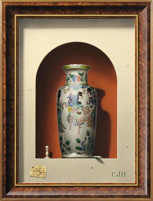 Lot 812 - Christopher John Harrison RA (b.1945) Trompe l'oeil of a K'ang Hsi jar in famille verte,...