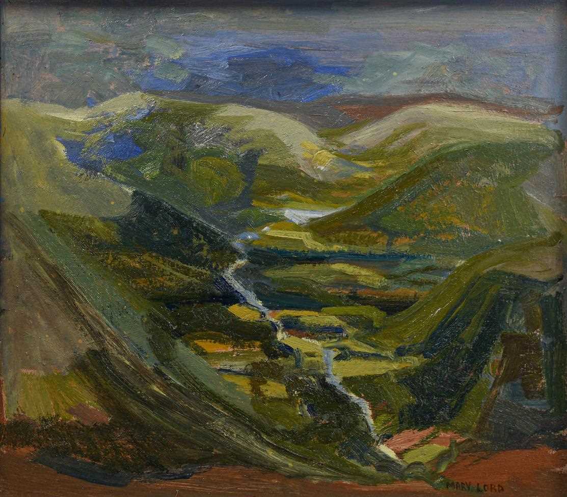 Lot 1054 - Mary Lord (b.1931) ''The Valley'' Signed, oil...