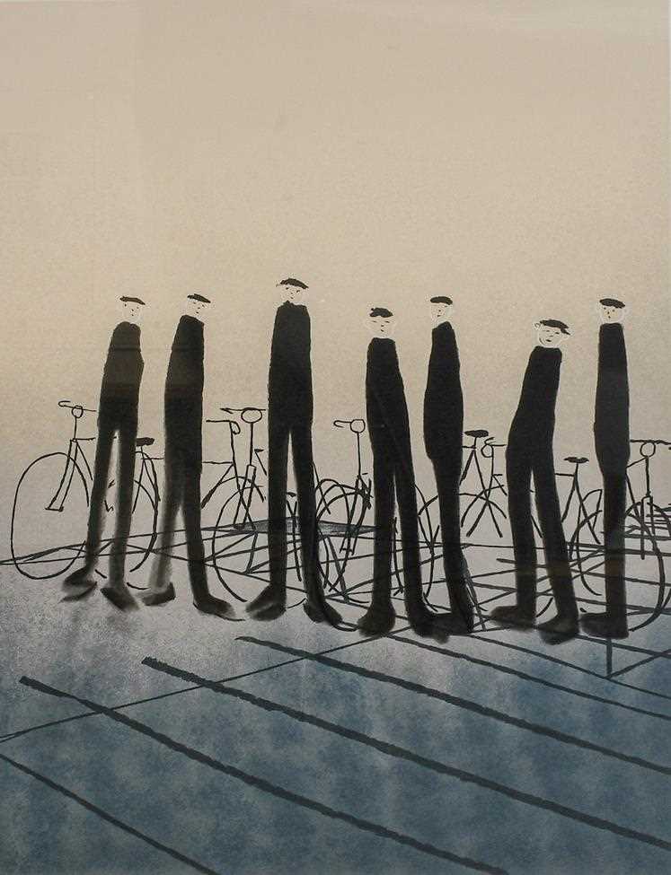 Lot 1007 - Mackenzie Thorpe (b.1956) ''Men with Bikes''...