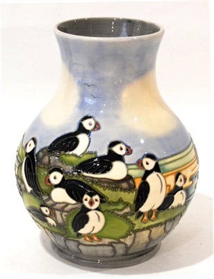 Lot 64 - A Modern Moorcroft Puffins Pattern 869/9 Vase, designed by Kerri Goodwin, impressed and painted...