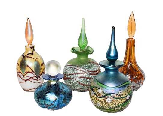 Lot 11 - Okra glass comprising five scent bottles, one...
