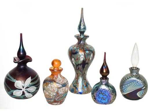 Lot 12 - Okra glass comprising five scent bottles, one...