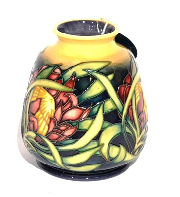 Lot 70 - A Modern Moorcroft D Orchid Pattern 769/6 Trial Vase, on a blue and cream ground, impressed factory