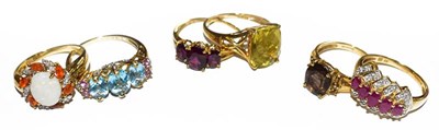 Lot 187 - Six 9 carat gold gem set rings, of varying...