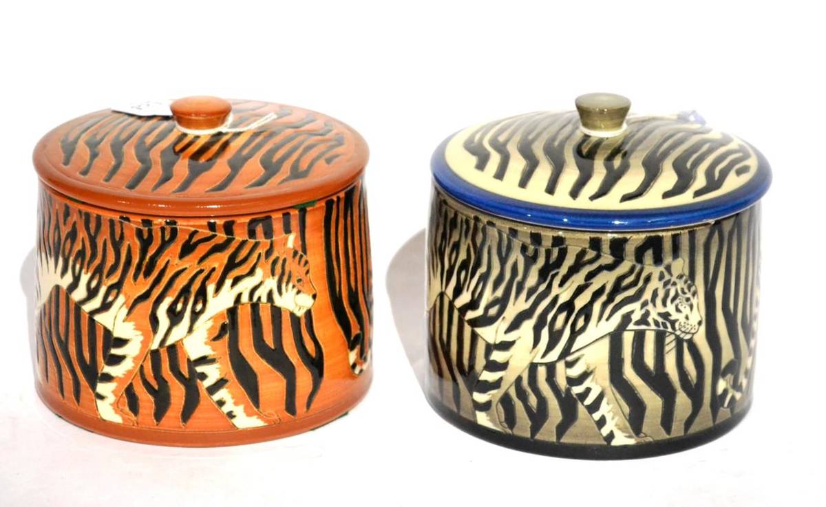 Lot 73 - Two Sally Tuffin for Dennis China Works Tiger Pattern Boxes and Covers, in different...