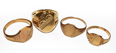 Lot 283 - Four 9 carat gold signet rings, of varying...