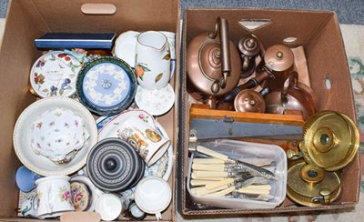 Lot 346 - Two boxes of ceramics and metal wares,...