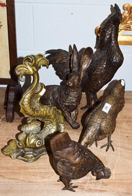 Lot 386 - Three modern bronze sculptures of a cockerel,...