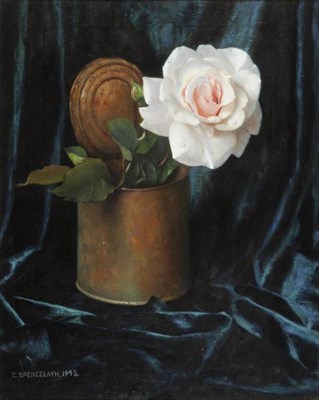 Lot 816 - Charles Spencelayh HRBSA, RMS, VPBWS (1865-1958) Still life of a pink rose in a rustic tin can upon