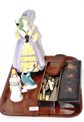 Lot 103 - A Fielding's figure, a Katzhutte figure, another, a glove box, fruit knife etc