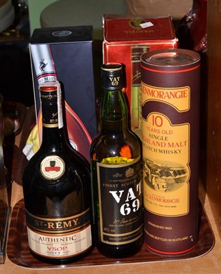 Lot 106 - Two bottles of whisky - Glenmorangie @ VAT 69, two bottles of cognac - Martell and Remy Martin...