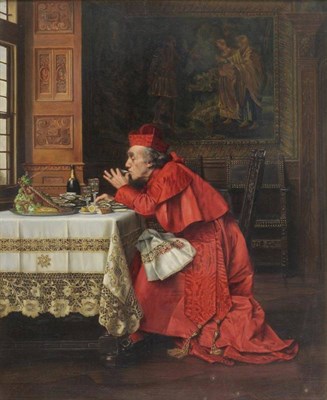 Lot 817 - François Brunery (1849-1926) Italian Interior scene with a Cardinal eating oysters and...