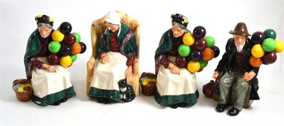 Lot 108 - Doulton figures The Old Balloon Seller (x2), The Balloon Man and Forty Winks (4)