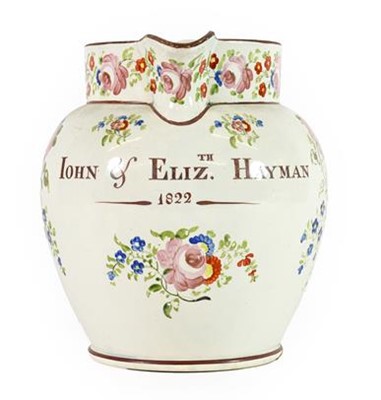 Lot 142 - A Pearlware Jug, dated 1822, of ovoid form,...