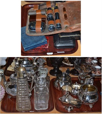 Lot 113 - Three trays of plated ware, spirit kettle, teapots, three glass decanters etc