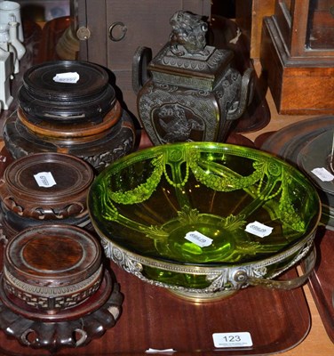 Lot 123 - Seven Chinese wood stands, WMF basket, bronze Chinese vase with lid etc