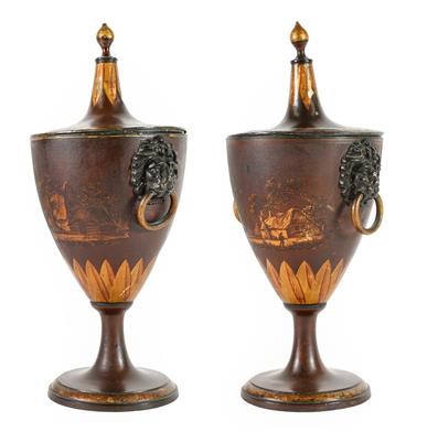 Lot 287 - A Pair of Regency Toleware Chestnut Urns and...