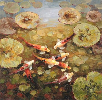 Lot 819 - C"¦ Lewis (b.1963) Carp in a lily pond Signed, inscribed verso, acrylic on canvas board, 62cm...