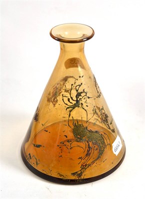 Lot 135 - A smoky class conical decanter, enamel decorated with fish, in the style of Galle (a.f.)