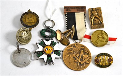 Lot 146 - Enamel French Legion medal, Swiss Masons jewel, other medals etc