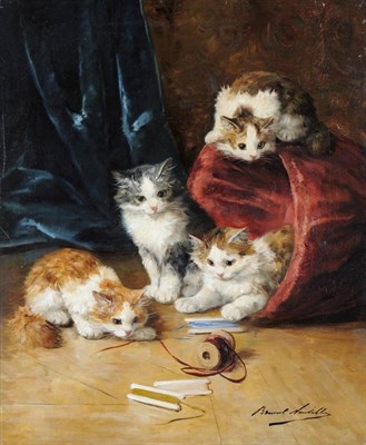 Lot 821 - Alfred Arthur Brunel de Neuville (1852-1941) French  "Sewing Basket ", four kittens playing Signed