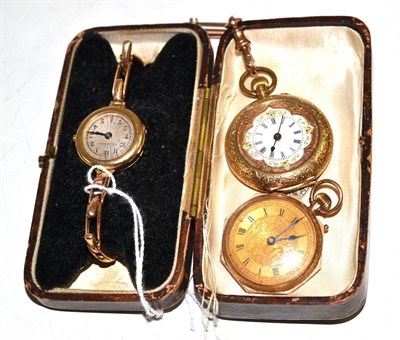 Lot 148 - A 14ct gold cased lady's fob watch; another 9ct gold example; and a 9ct gold wristwatch