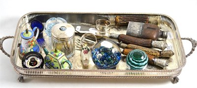 Lot 155 - A tray including a silver topped hair tidy, silver napkin rings, a hip flask, a horn handled...