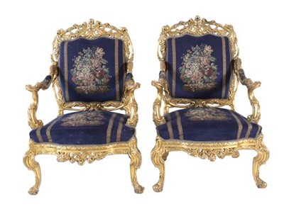Lot 746 - A Pair of Carved Giltwood Armchairs, modern,...