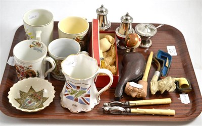 Lot 157 - Meerschaum pipe, three others, a pair of nut crackers, five commemorative mugs, Goss pin dish,...