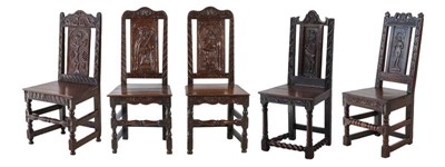 Lot 827 - A Pair of Joined Oak Back Stools, with carved...