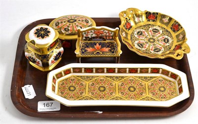 Lot 167 - Five pieces of Royal Crown Derby comprising of an 'Old Imari' pen tray, an 'Old Imari' mustard...