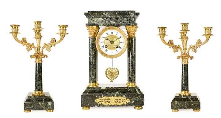 Lot 567 - A Green Marble Portico Striking Mantel Clock...