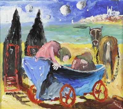 Lot 824 - Malcolm Scott (Contemporary) "Launching the boat at Whitby " Signed, acrylic on board, 50.5cm...