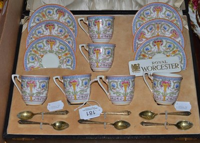 Lot 181 - Cased Royal Worcester coffee service and six silver teaspoons