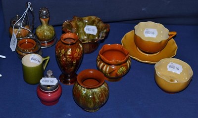 Lot 185 - Linthorpe pottery - three piece cruet, shape No.1475, 1474 and 1156; and eight other pieces of...